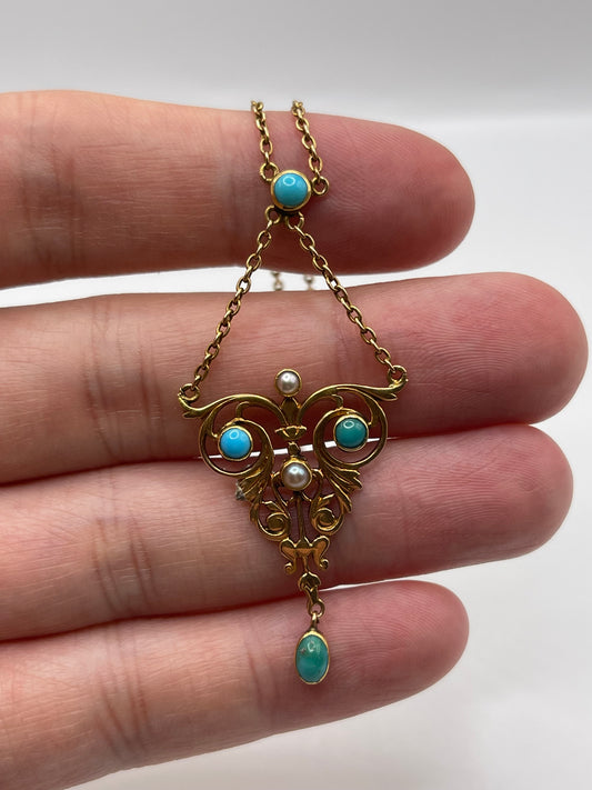 15ct rose gold turquoise and pearl necklace