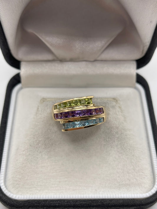 14ct gold peridot, amethyst and topaz ring