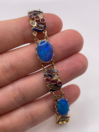 14ct rose gold opal doublet, ruby, diamond and enamel bracelet