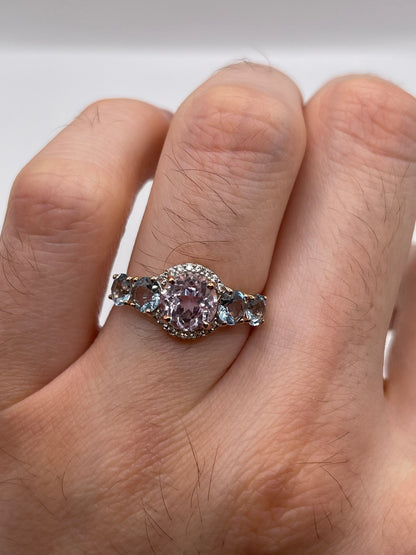9ct rose gold kunzite, aquamarine and zircon ring