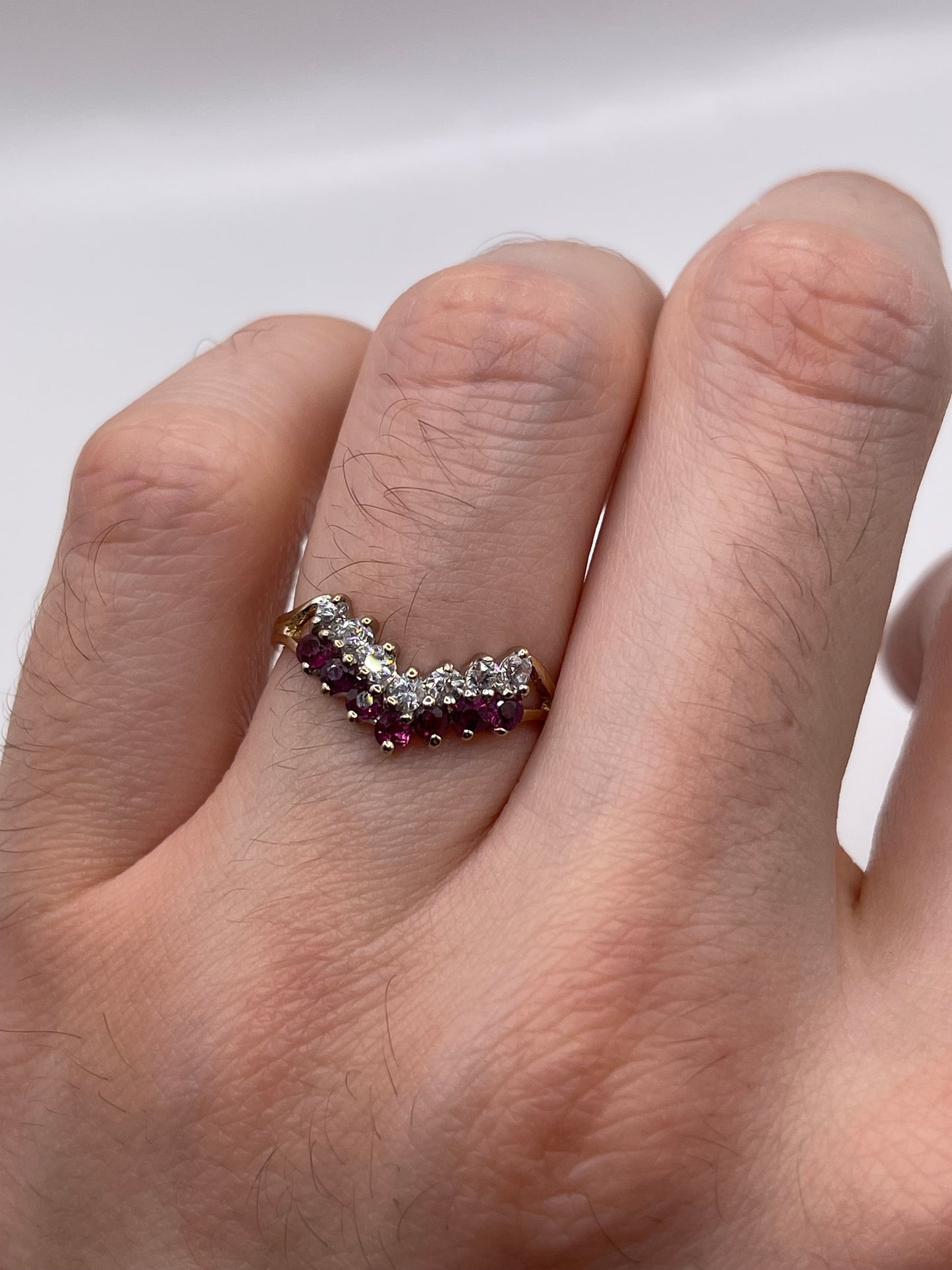 9ct gold ruby and cz wishbone ring