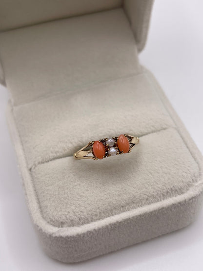 9ct gold coral and pearl ring