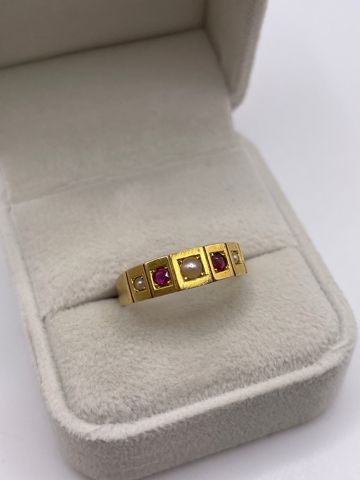 Antique 18ct gold ruby and pearl ring