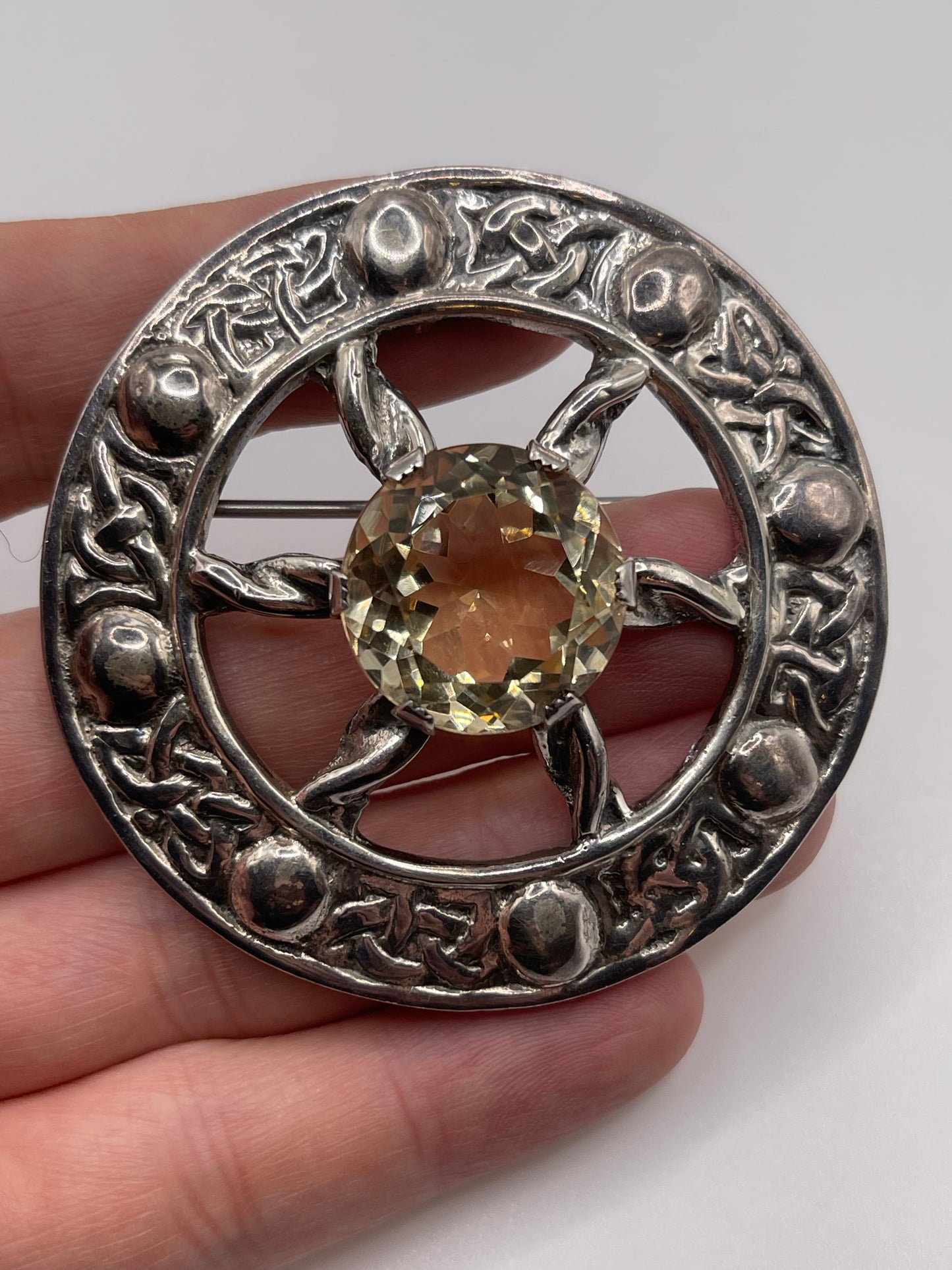 Heavy Scottish silver citrine brooch