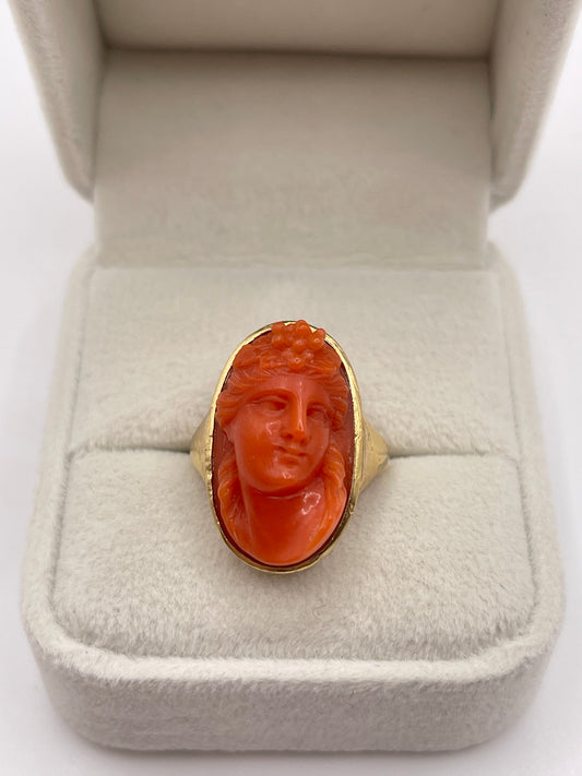 Antique Victorian carved coral goddess ring