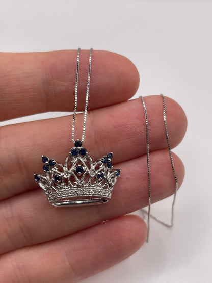 14ct white gold sapphire and diamond crown necklace
