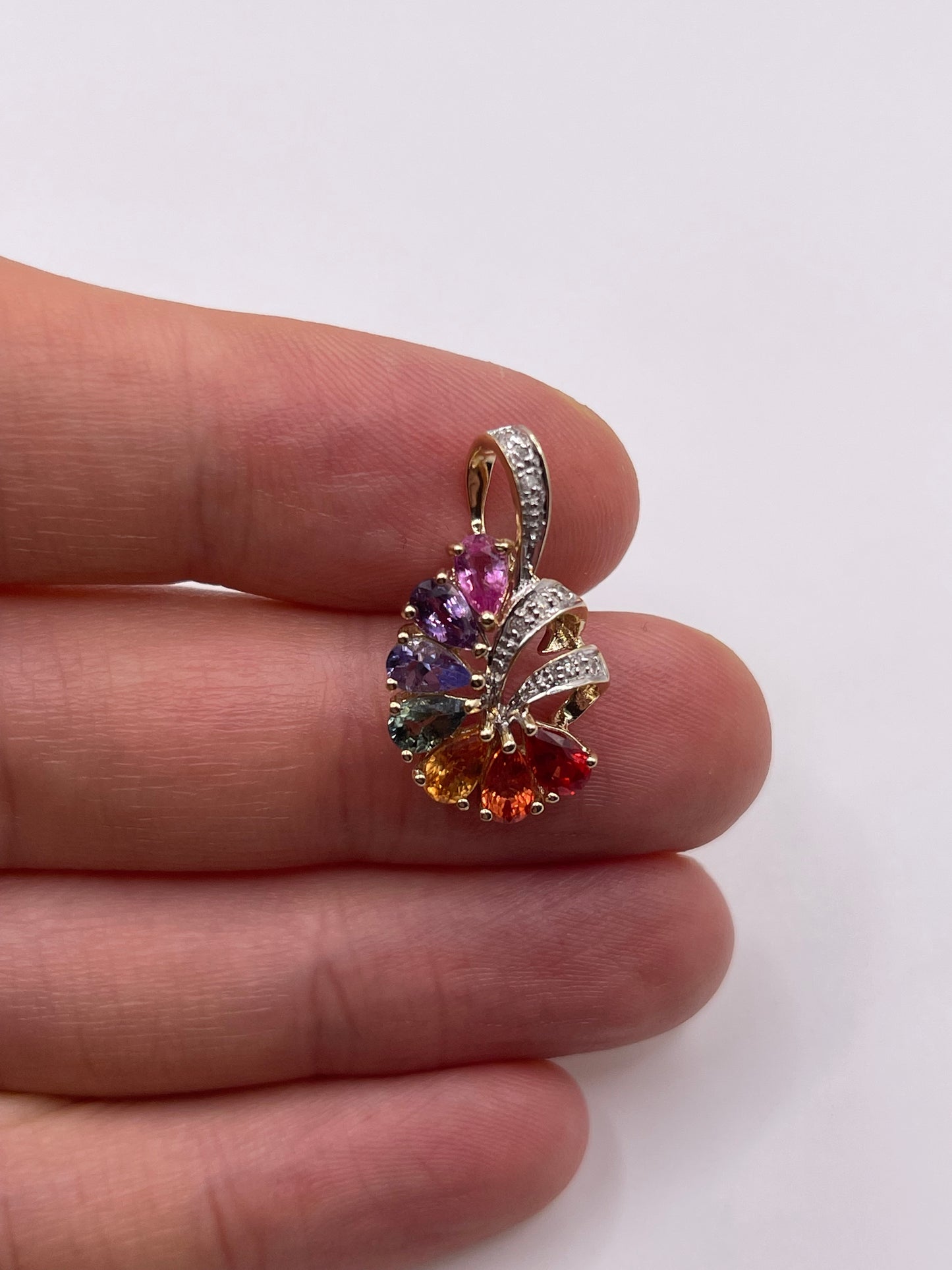 9ct gold multi coloured sapphire and diamond pendant