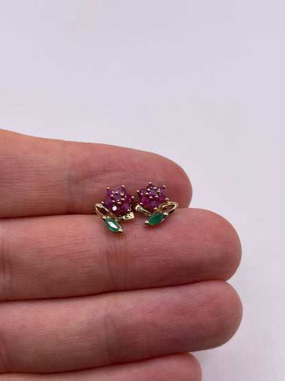 9ct gold ruby and emerald earrings
