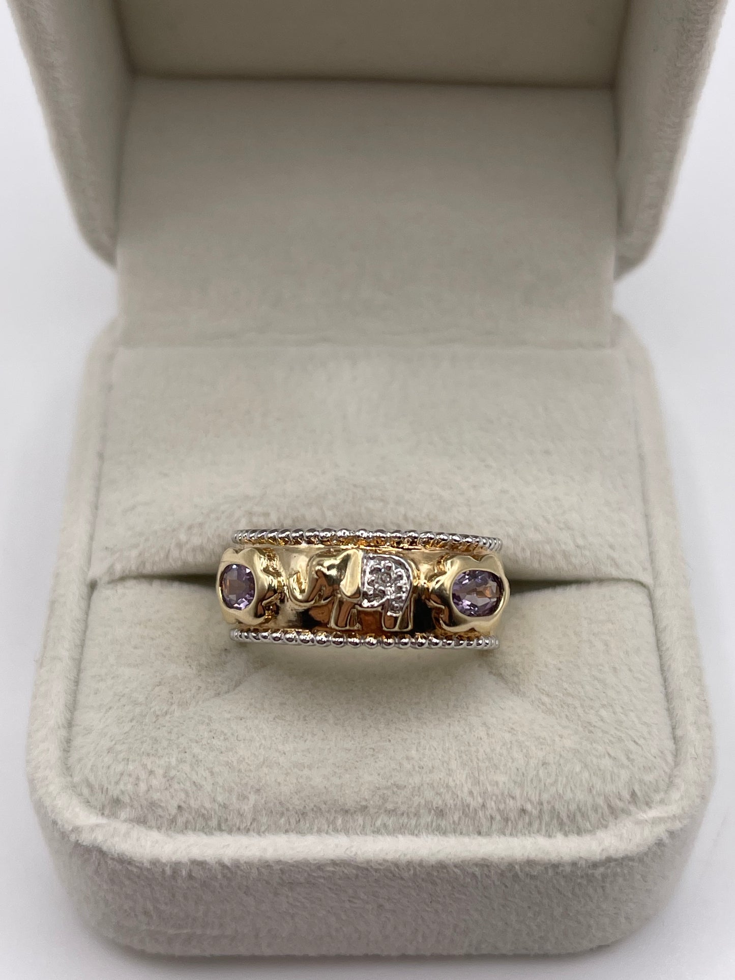 9ct gold amethyst and diamond elephant ring