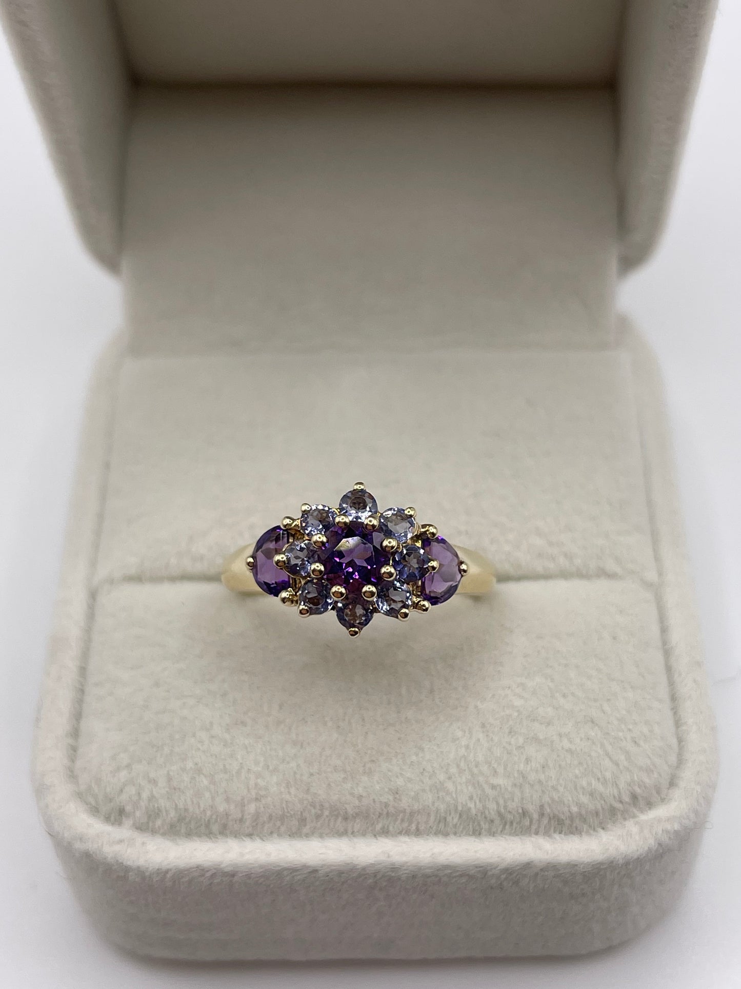 9ct gold amethyst and tanzanite cluster ring