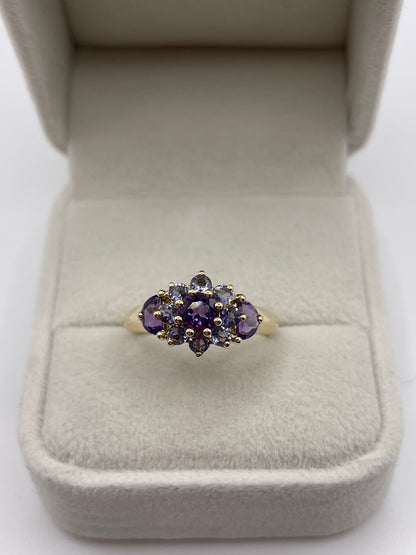 9ct gold amethyst and tanzanite cluster ring