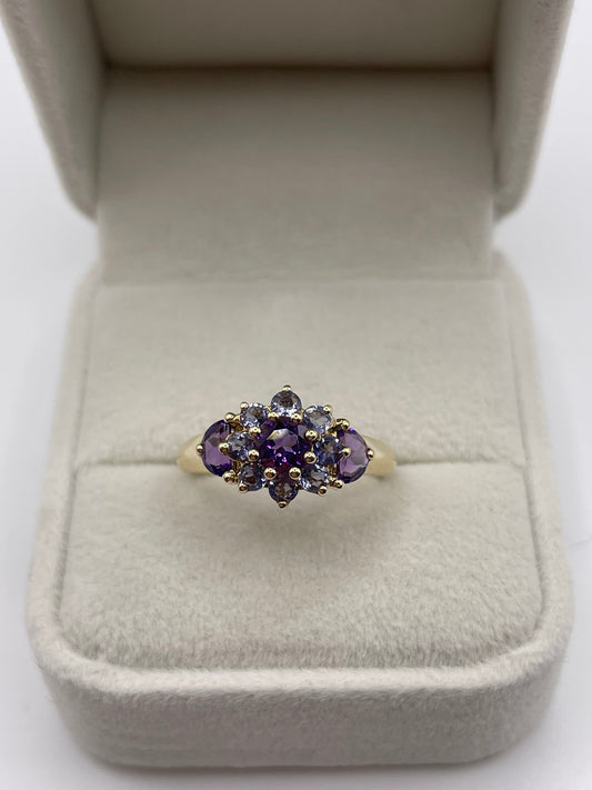 9ct gold amethyst and tanzanite cluster ring