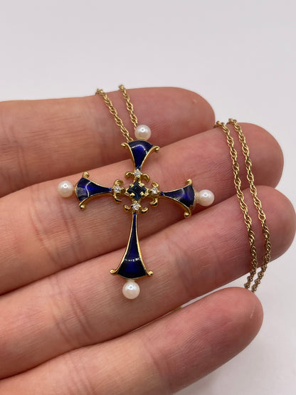 14ct gold enamel, pearl, sapphire and diamond cross necklace