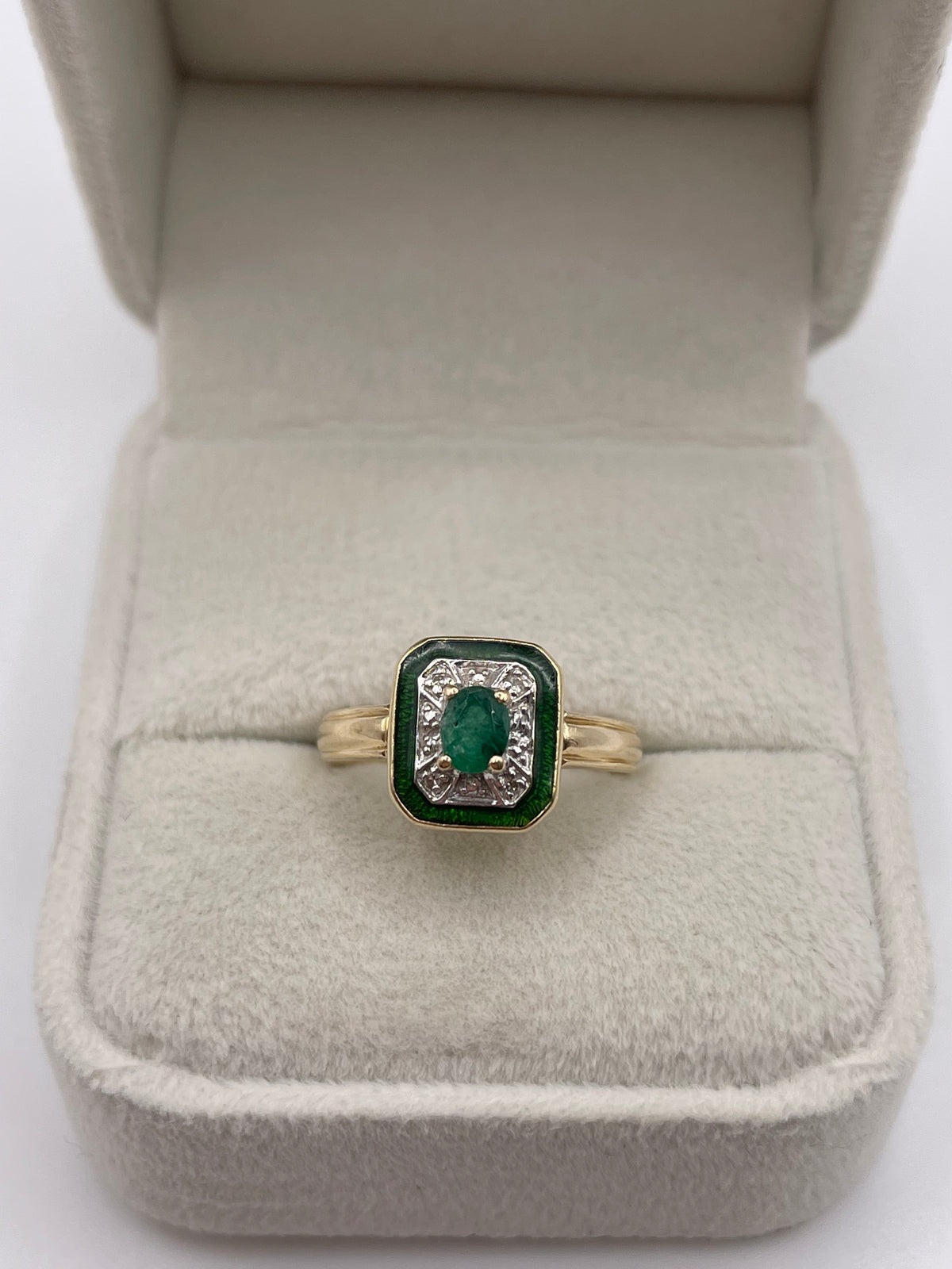 14ct gold enamel, emerald and diamond ring