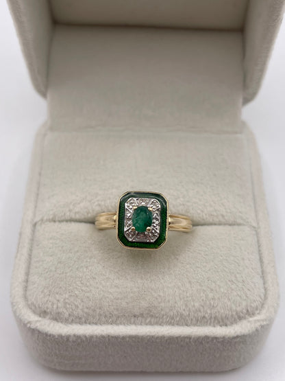 14ct gold enamel, emerald and diamond ring