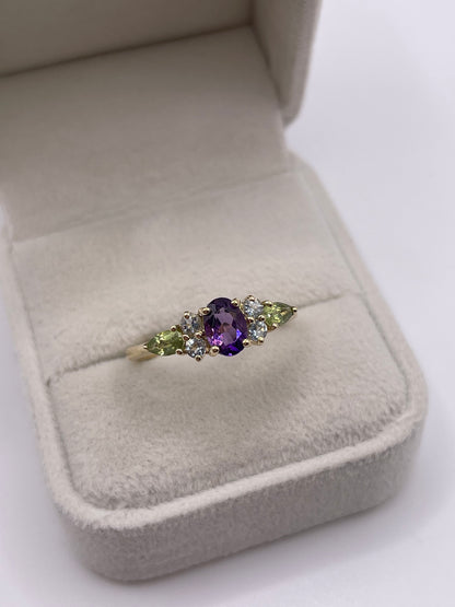 9ct gold amethyst, topaz and peridot ring