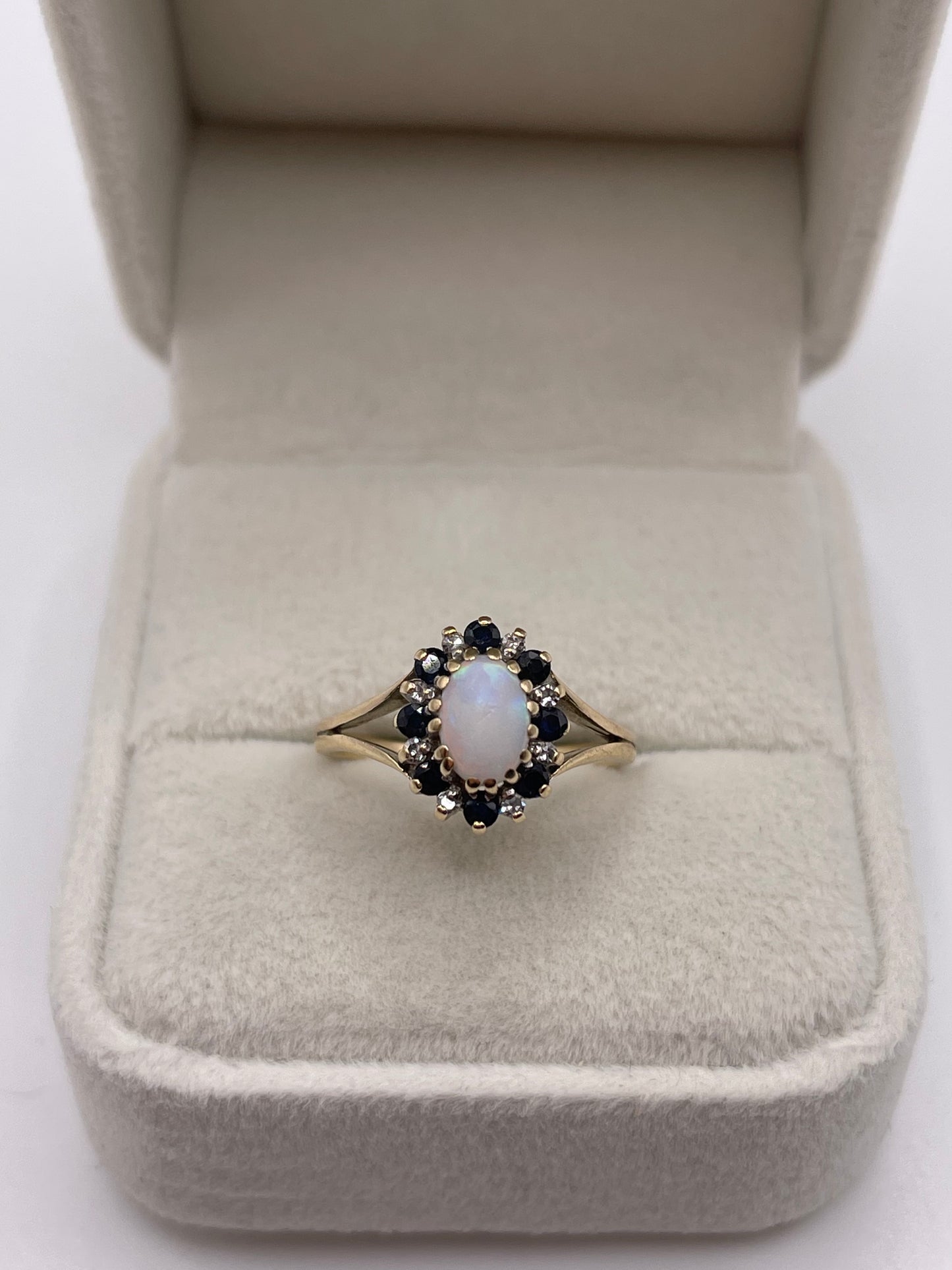 9ct gold opal, sapphire and diamond ring