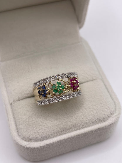 9ct gold sapphire, emerald, ruby and diamond ring
