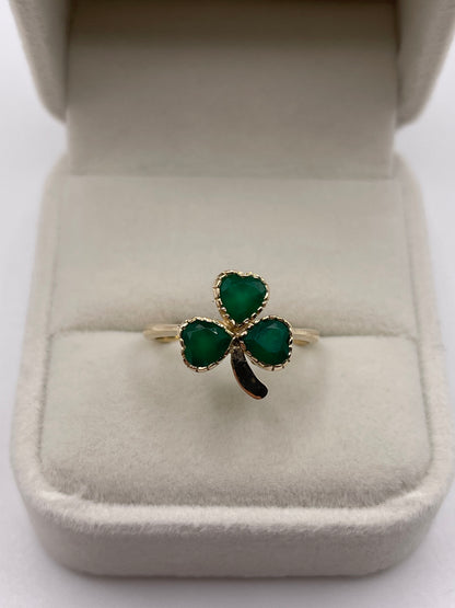 9ct gold green agate clover ring