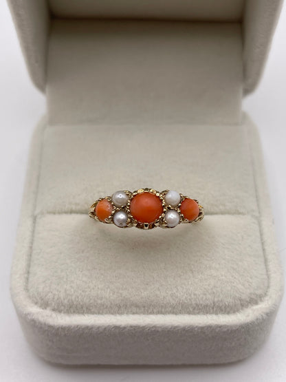 9ct gold coral and pearl ring