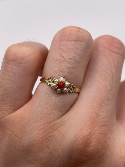 9ct gold coral and pearl ring