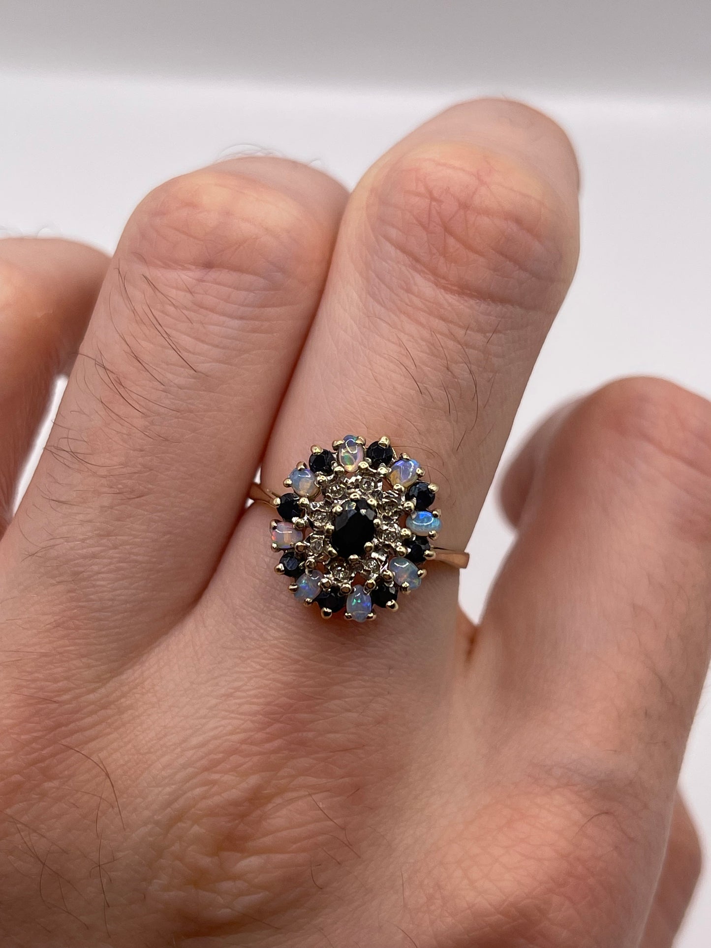 9ct gold opal, sapphire and diamond ring