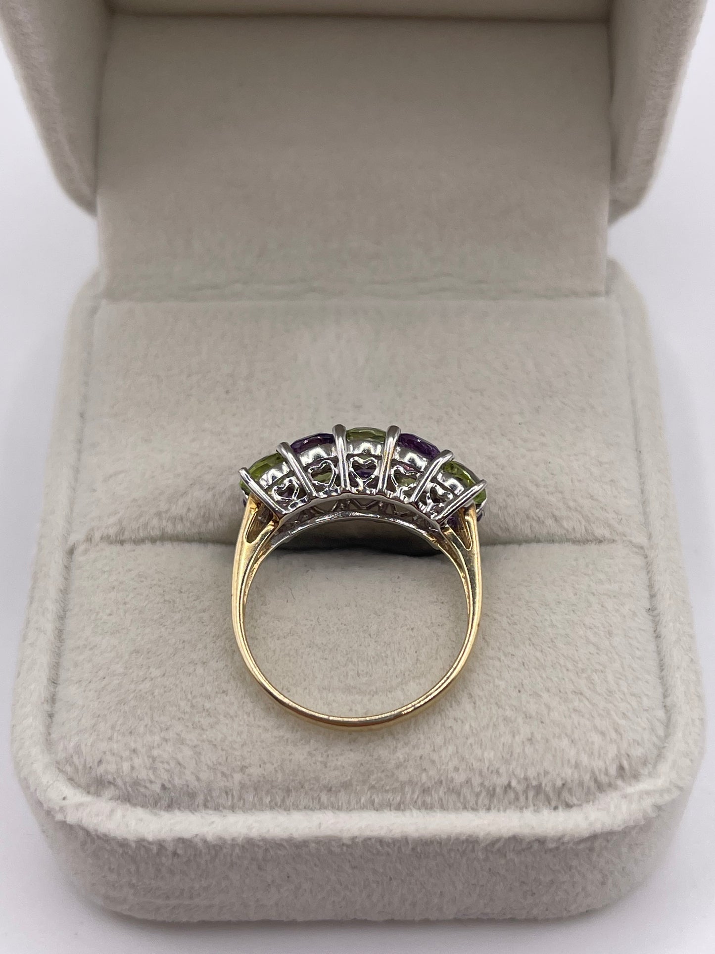 9ct gold amethyst, peridot and diamond ring