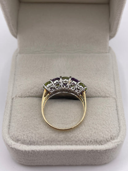 9ct gold amethyst, peridot and diamond ring