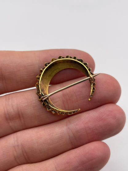 Antique 15ct gold turquoise and pearl crescent brooch