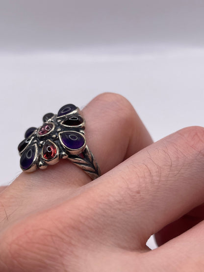 Silver amethyst and garnet ring
