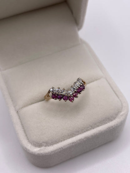 9ct gold ruby and cz wishbone ring