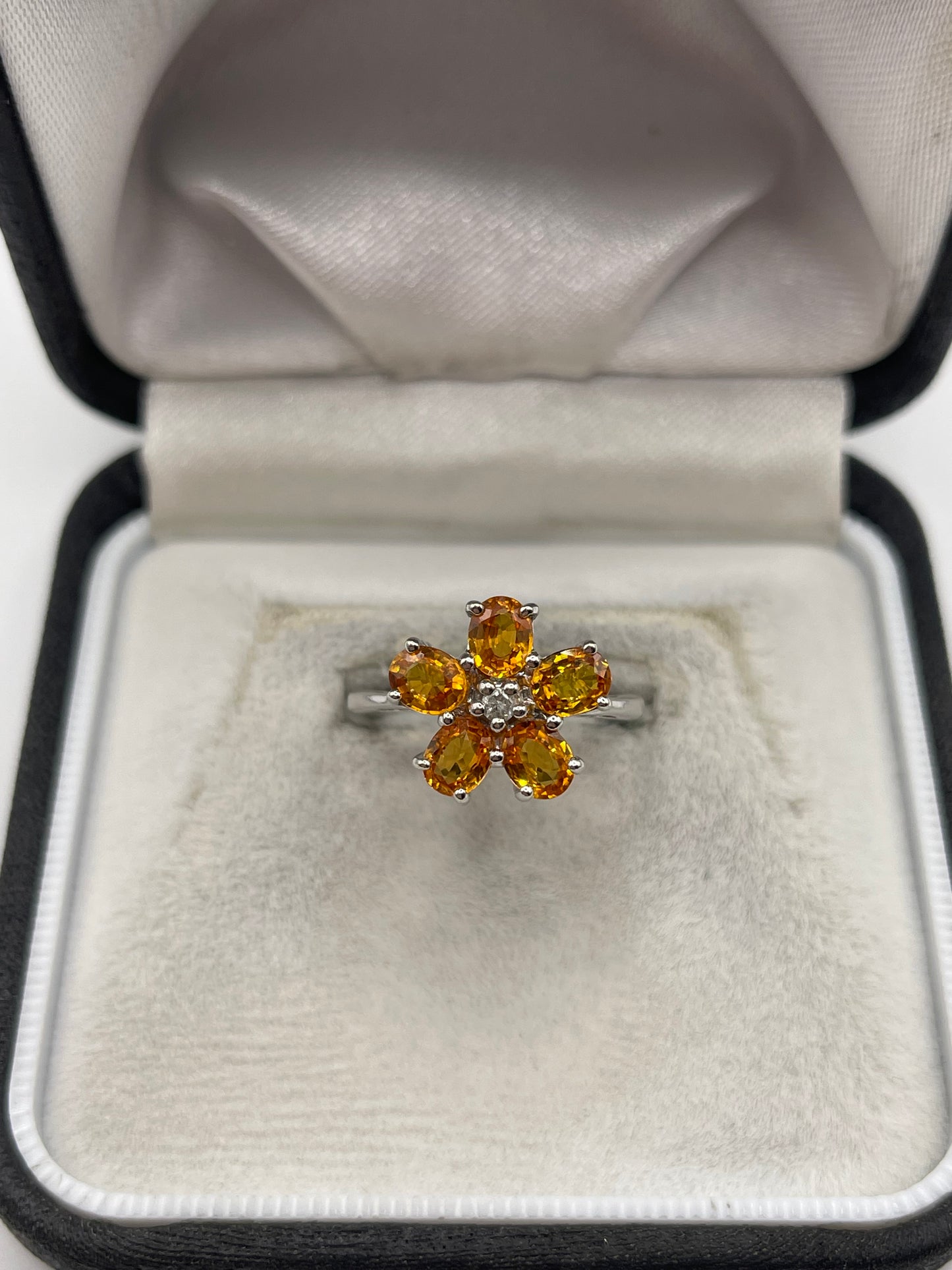 9ct white gold orange sapphire and diamond ring