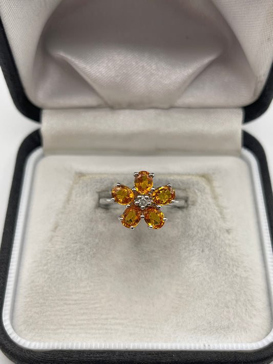 9ct white gold orange sapphire and diamond ring