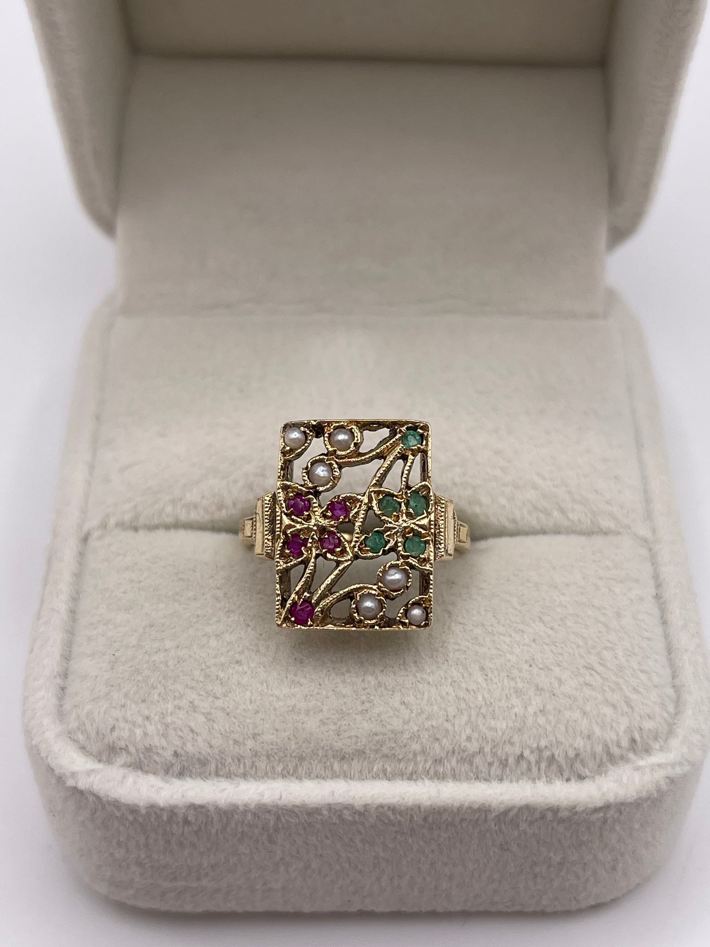 9ct gold ruby, emerald and pearl ring