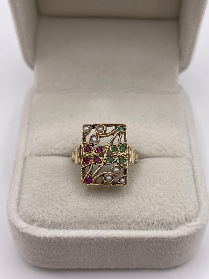 9ct gold ruby, emerald and pearl ring