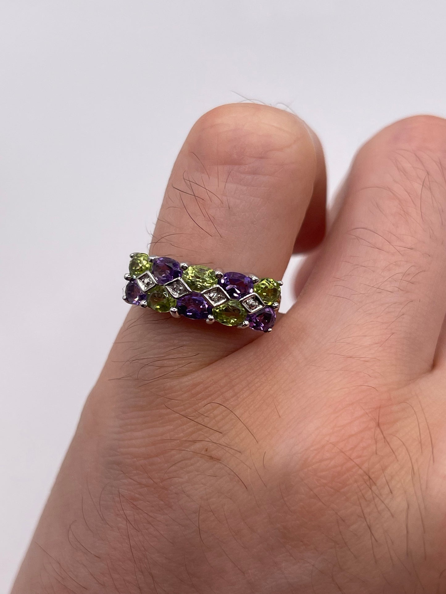 9ct gold amethyst, peridot and diamond ring