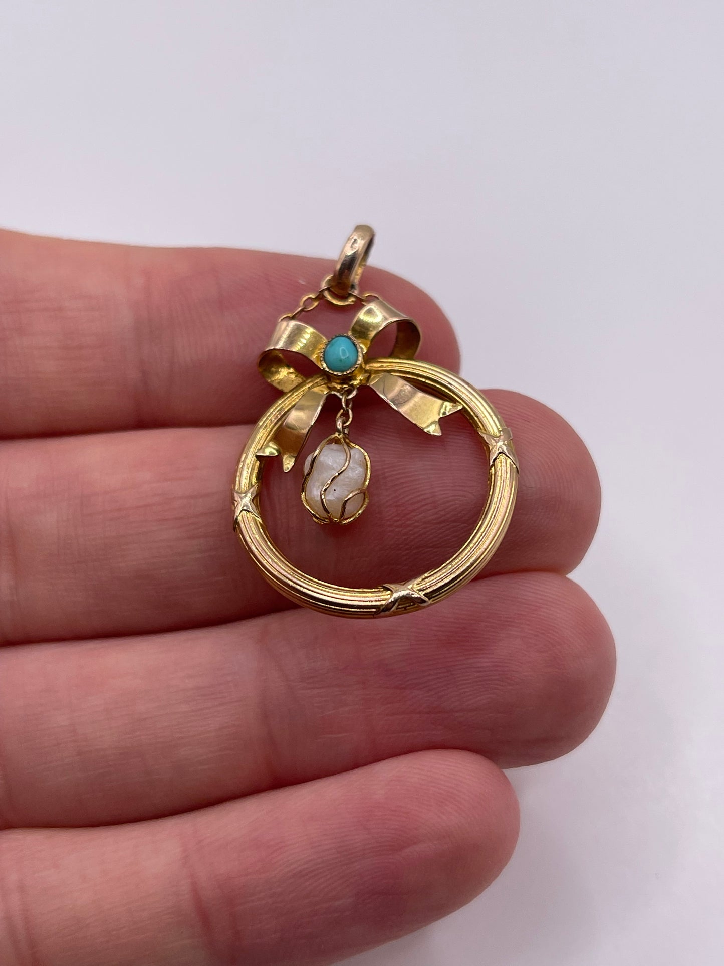Antique 9ct gold turquoise and pearl pendant