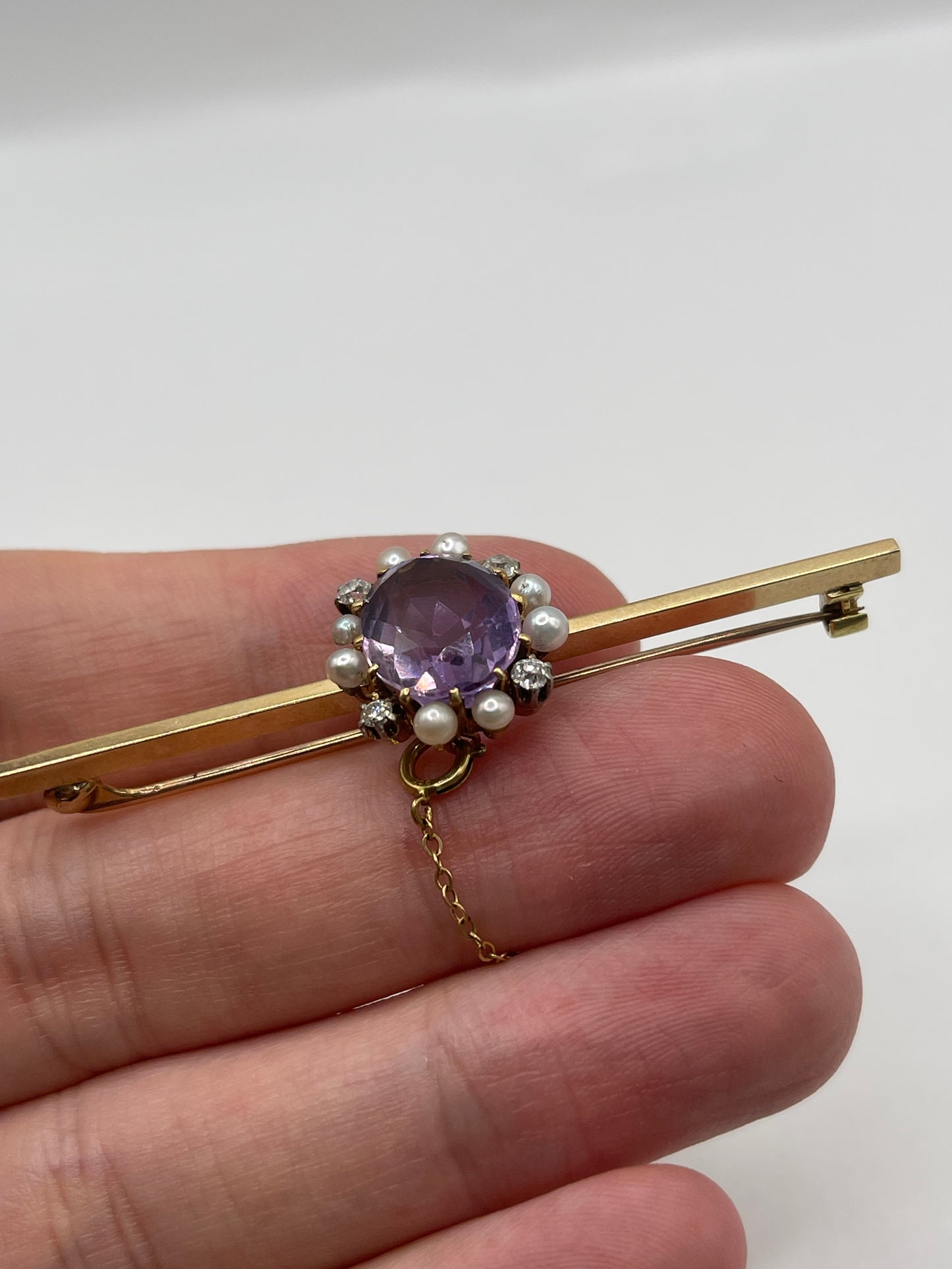 Antique 9ct gold amethyst, pearl and diamond brooch