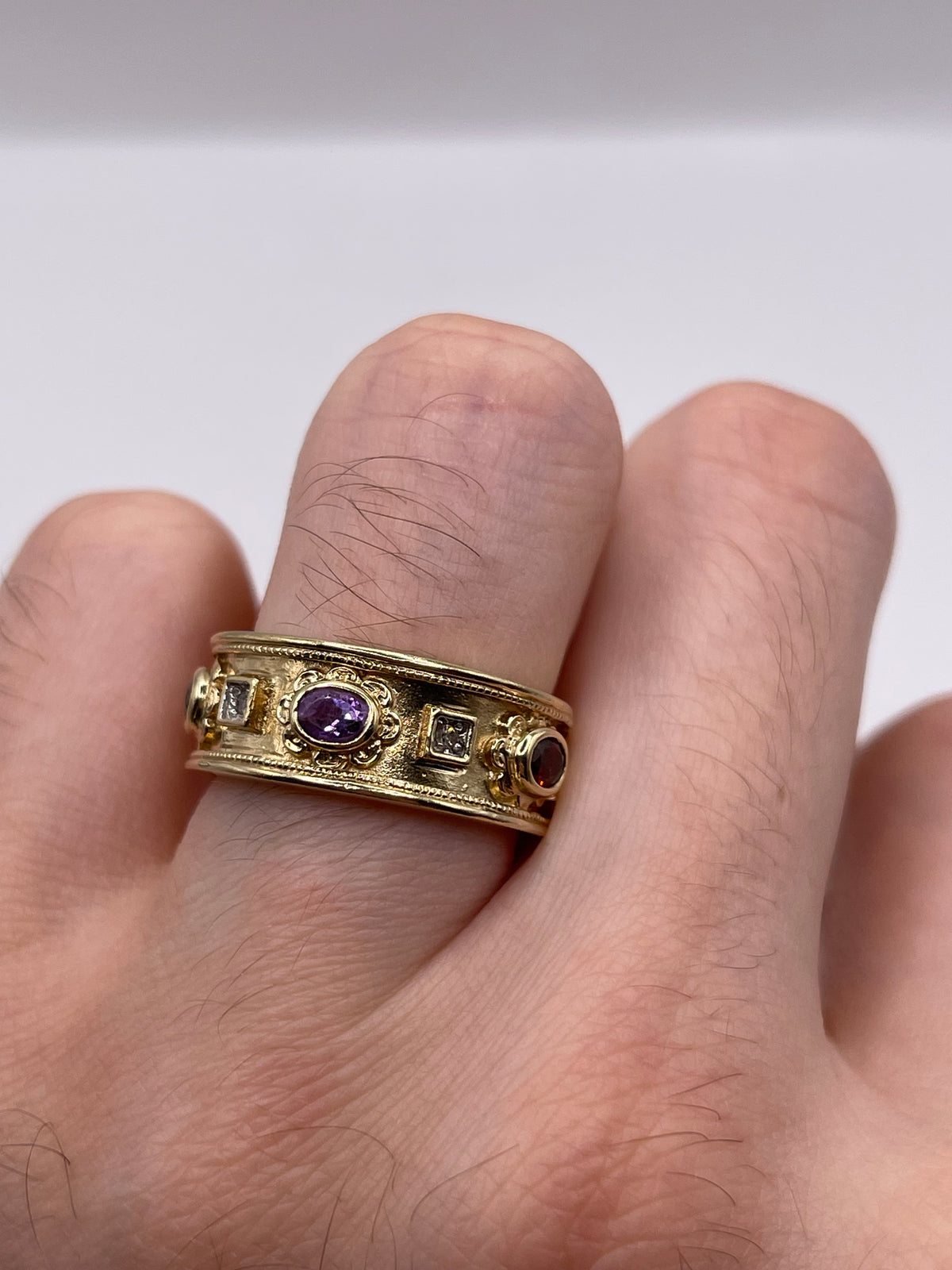 9ct gold amethyst, garnet, sapphire and diamond ring
