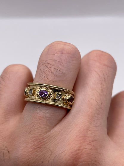 9ct gold amethyst, garnet, sapphire and diamond ring