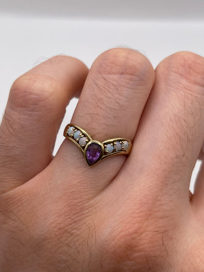 9ct gold amethyst and opal wishbone ring