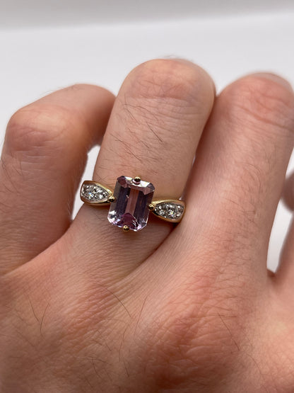 9ct gold kunzite, diamond and zircon ring