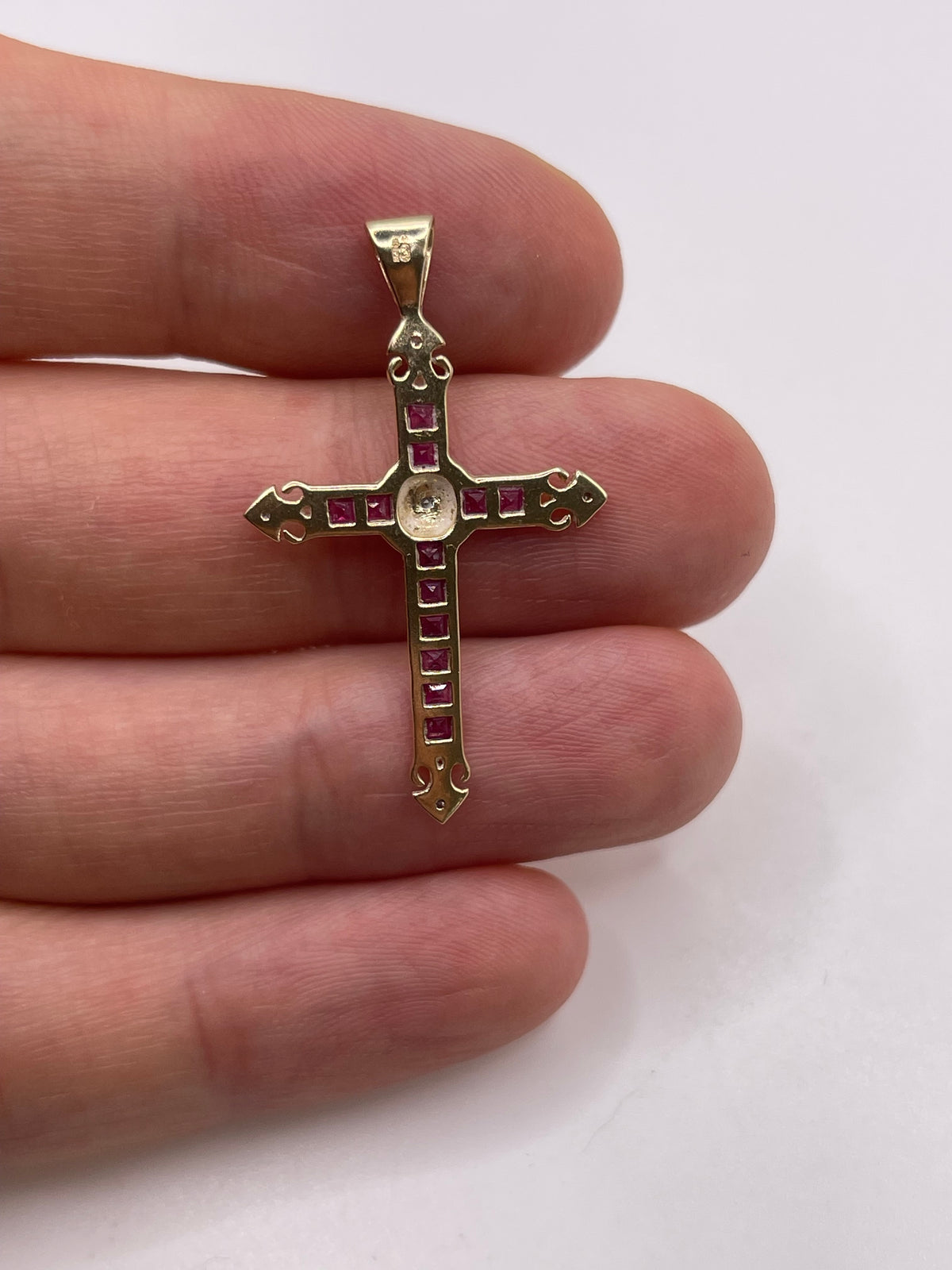 9ct gold ruby and diamond cross pendant