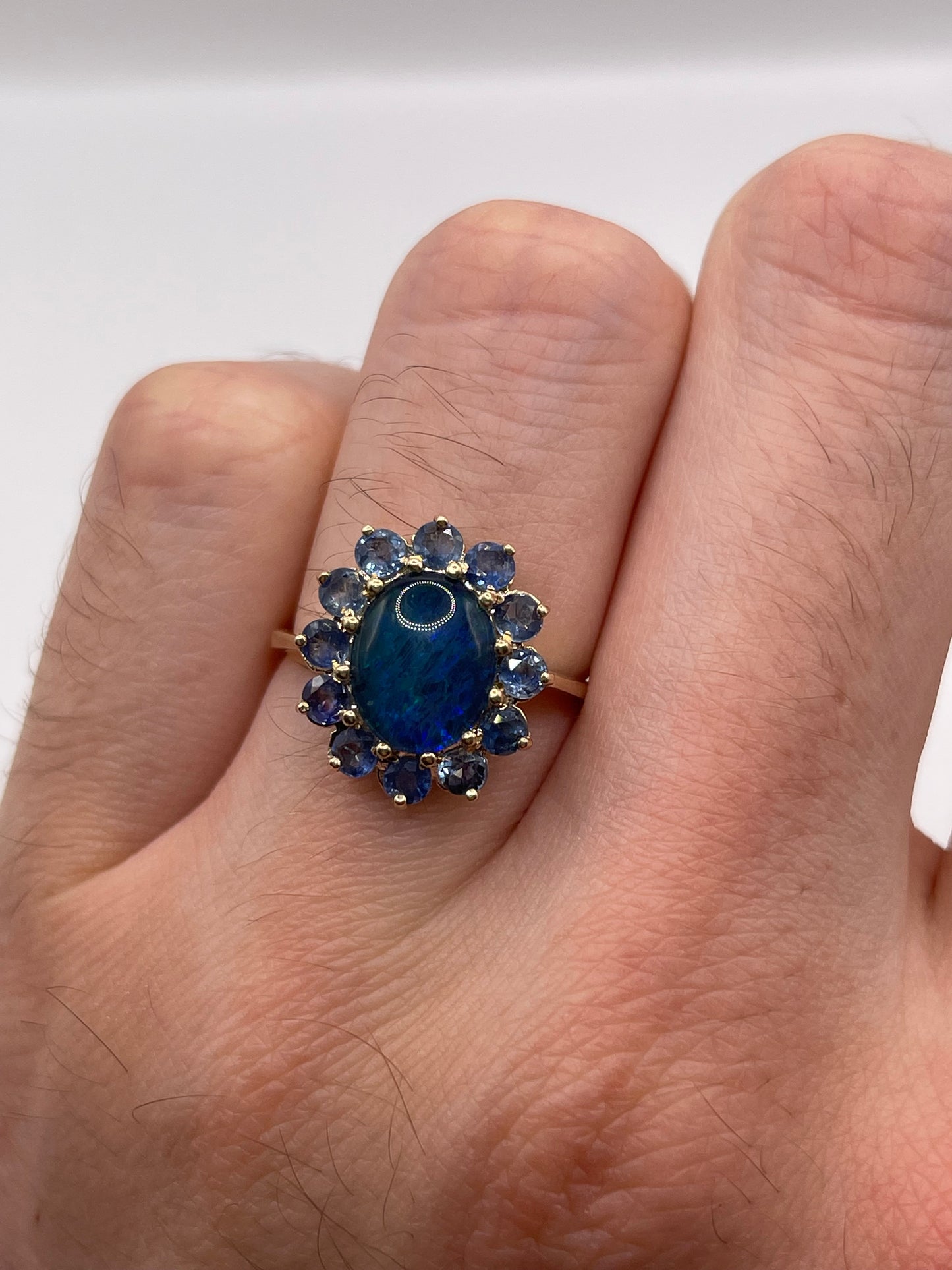 9ct gold opal triplet and sapphire ring