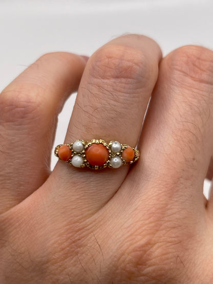 9ct gold coral and pearl ring