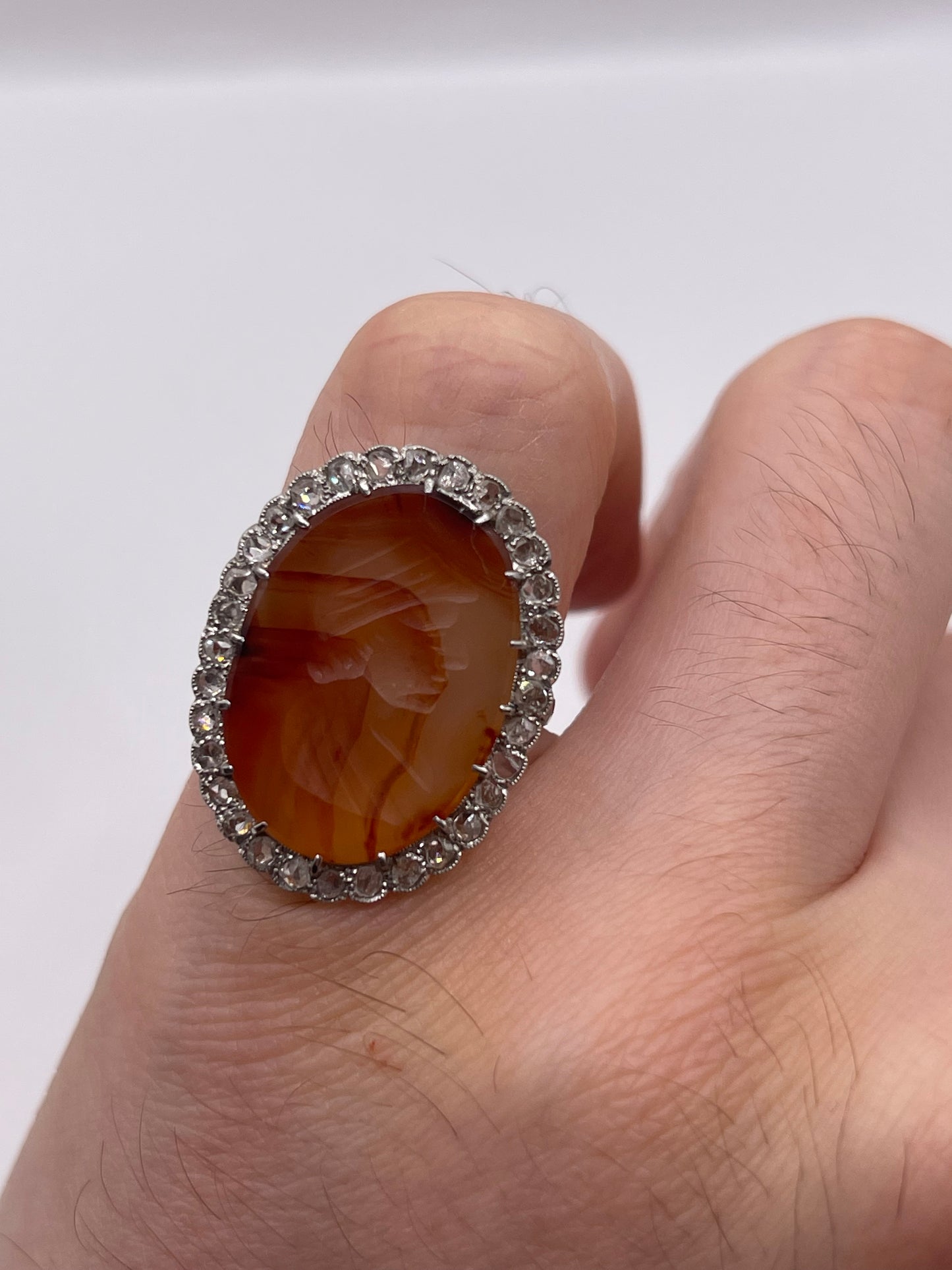 Platinum carved agate and diamond ring