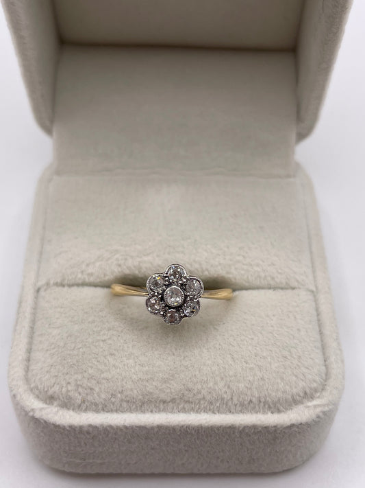 18ct gold platinum old cut diamond cluster ring