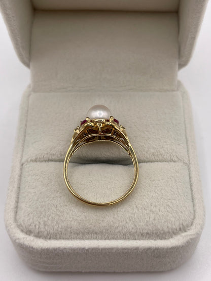 9ct gold pearl, ruby and diamond ring