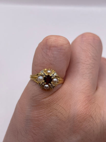 Antique 18ct gold ruby, pearl and diamond ring