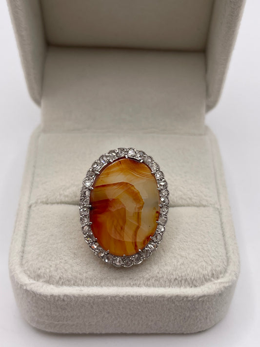Platinum carved agate and diamond ring